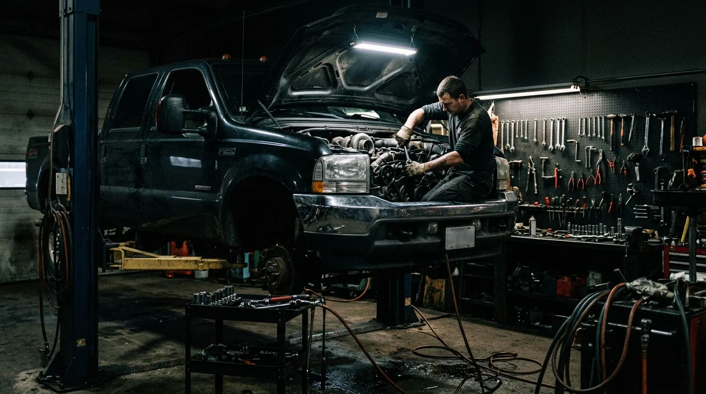 a pickup truck on a lift inside a darkened repair bay, dramatic single overhead work light, tools hanging on a pegboard in background, industrial atmosphere