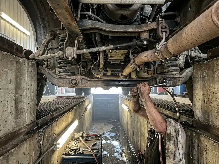 a truck's undercarriage from below, control arms and exhaust visible, shop pit lighting casting hard shadows