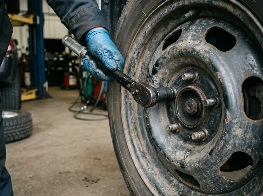 a close-up of a torque wrench engaging a lug nut on a steel wheel, natural metal tones, clean shop floor behind