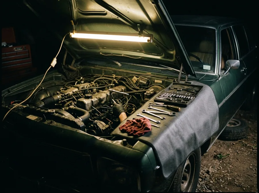 an engine bay open at night with a work light illuminating the block, tools resting on a fender cover, dark surroundings