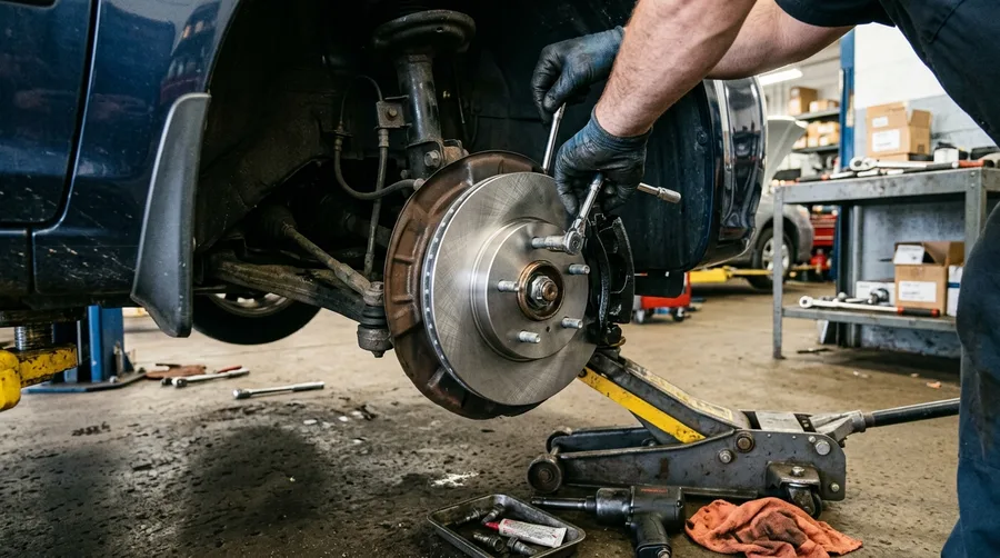 a new brake rotor and caliper being installed on a wheel hub, close-up with a floor jack visible and shop floor in background