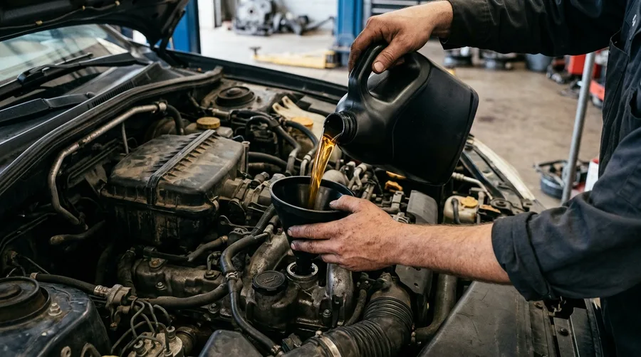 fresh motor oil being poured into an engine bay from a jug, golden oil catching the light, hands in focus against a dark engine block