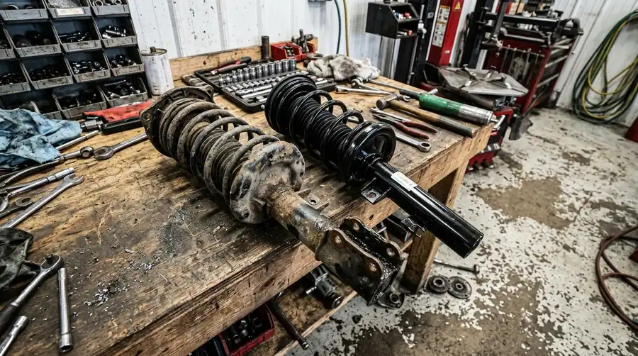 a worn strut assembly on a workbench next to a new replacement strut, shop lighting, concrete floor visible, no people