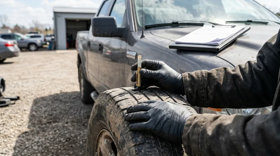 a mechanic's hands checking tire tread depth with a gauge on a used truck, exterior lot, natural daylight, clipboard on hood nearby