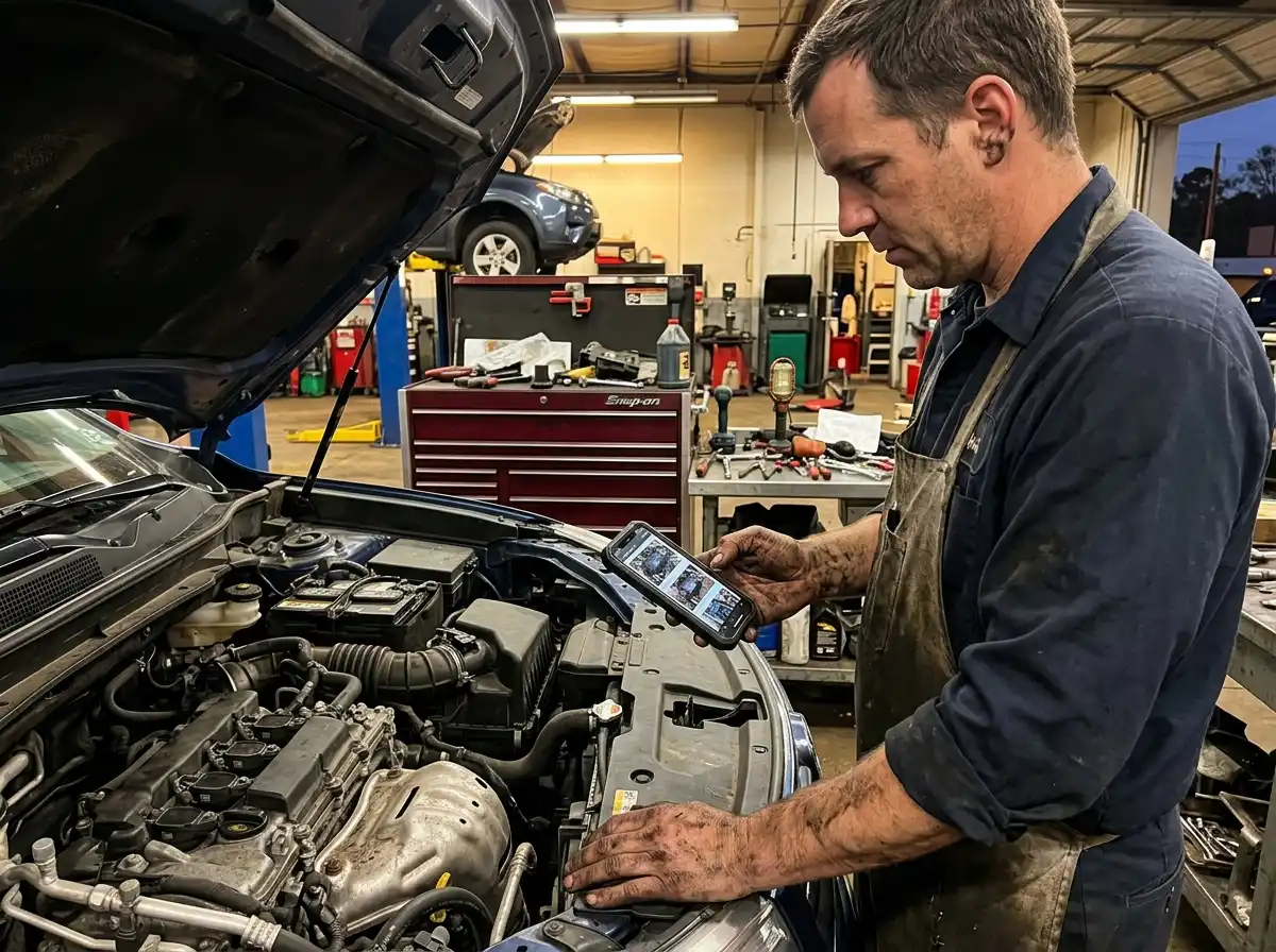 a mechanic reviewing photos on a phone beside an open hood, grease-stained hands, warm shop lighting, tools visible in background