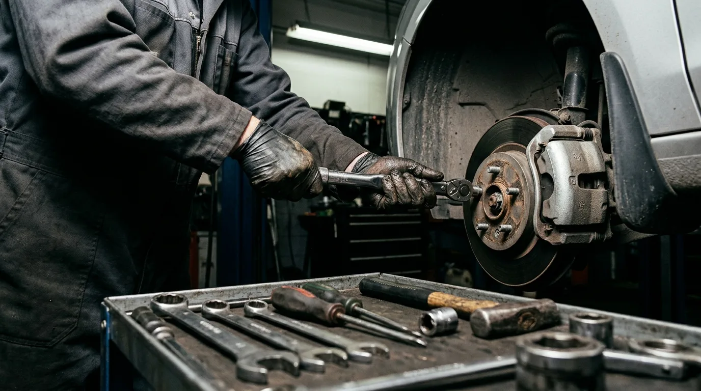 close-up of a mechanic's hands using a torque wrench on a wheel hub inside a shop bay, sharp tools in foreground, dramatic industrial lighting from above, dark background