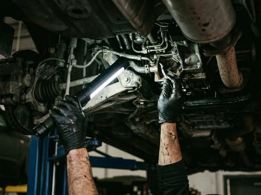 a mechanic using a flashlight to inspect underneath a car on a lift, close-up of hands and light beam, dark shop atmosphere