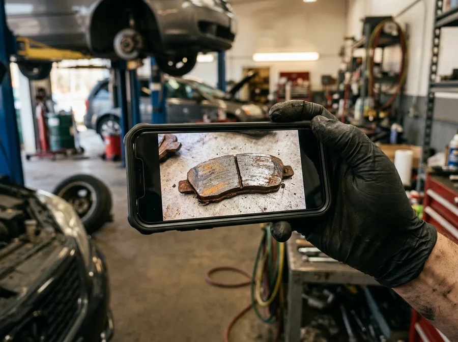 a close-up of a smartphone screen displaying a photo of a worn brake pad, mechanic's hand holding the phone, blurred shop in background